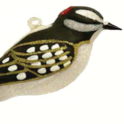 Downy Woodpecker Ornament Hand Blown Glass 4 IN