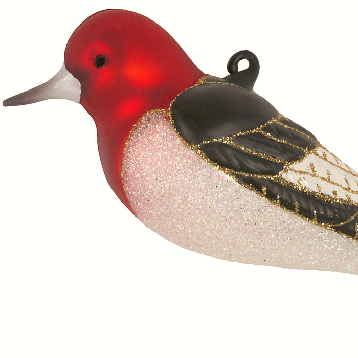 Hand Blown Glass Red Headed Woodpecker Ornament 5 IN 