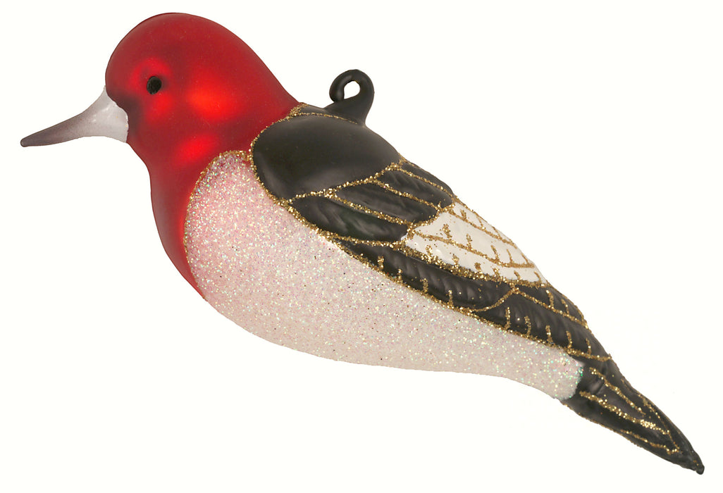 Hand Blown Glass Red Headed Woodpecker Ornament 5 IN