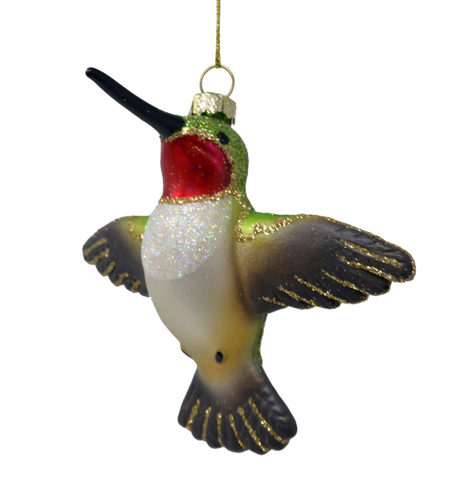 Hand Blown Glass Male Ruby Throated Flying Hummingbird Ornament 4 IN