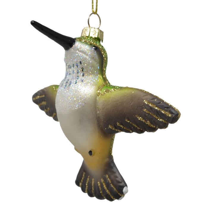 Female Ruby Throated Flying Hummingbird Ornament Hand Blown Glass 4 IN