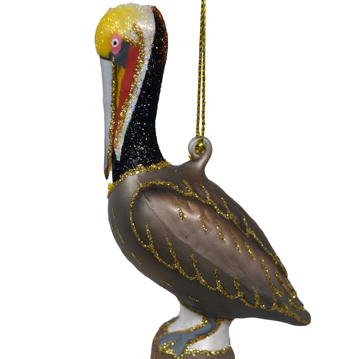 Hand Blown Glass Brown Pelican Ornament 4.5 IN 