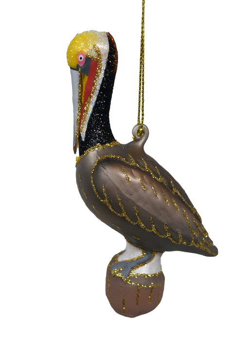 Hand Blown Glass Brown Pelican Ornament 4.5 IN