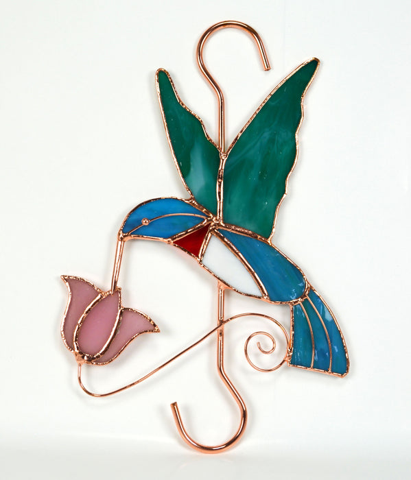 Stained Glass Hummingbird And Pink Flower With Hook 10 IN
