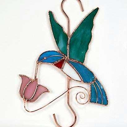Stained Glass Hummingbird And Pink Flower With Hook 10 IN