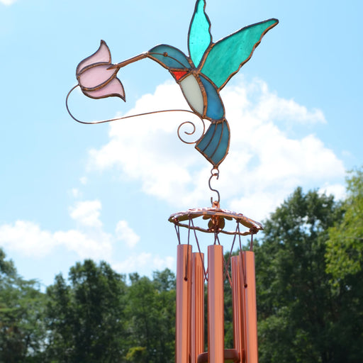 Hummingbird with Pink Flower Wind Chime 21 IN