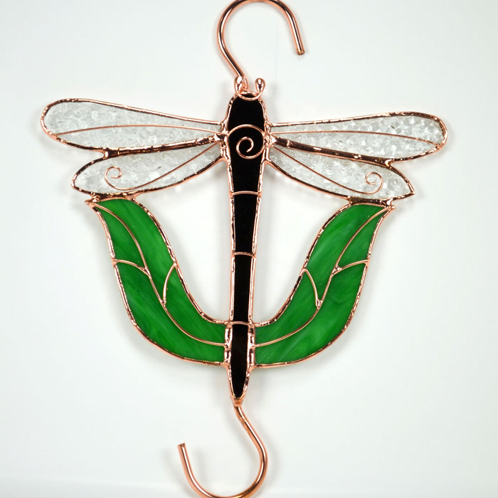 Hand Cut Stained Glass Dragonfly Hook 10 IN 