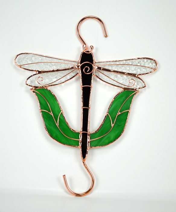 Hand Cut Stained Glass Dragonfly Hook 10 IN