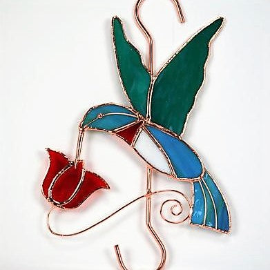 Stained Glass Hummingbird And Red Flower With Hook 10 IN
