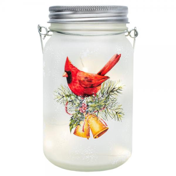Bells And Cardinal Frosted LED Mason Jar 5.3 IN