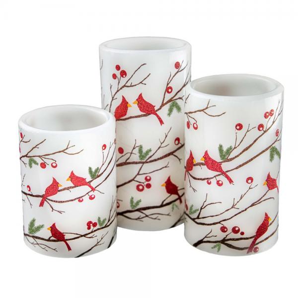 3 Piece LED Candle Set Cardinals and Greenery