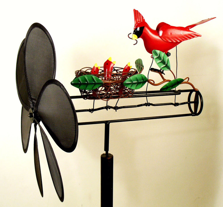 10 IN x 12.5 IN x55 IN Handmade Metal Cardinal Nest Whirligig Sculpture With Pole