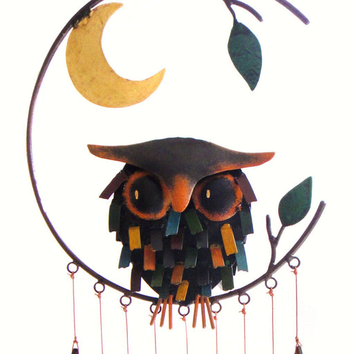 Spiky Owl with Moon Glass Wind Chime Handcrafted 2 IN x 7 IN x 20.75 IN