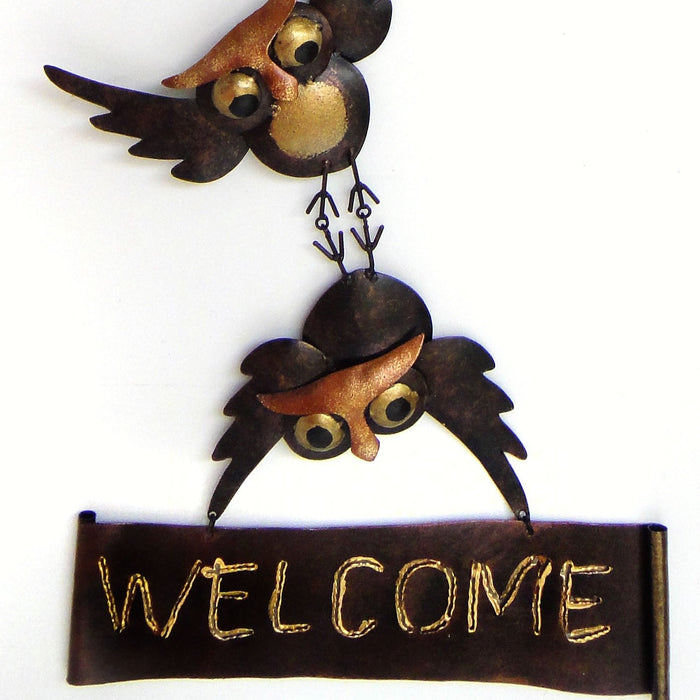 Hanging Owls Welcome Wall Decor Hand Crafted  8.5 IN x 23 IN