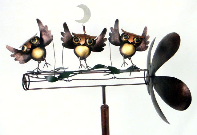 Metal Dancing Owls Whirligig Sculpture With Pole Handmade 14 IN x 9 IN x 55 IN