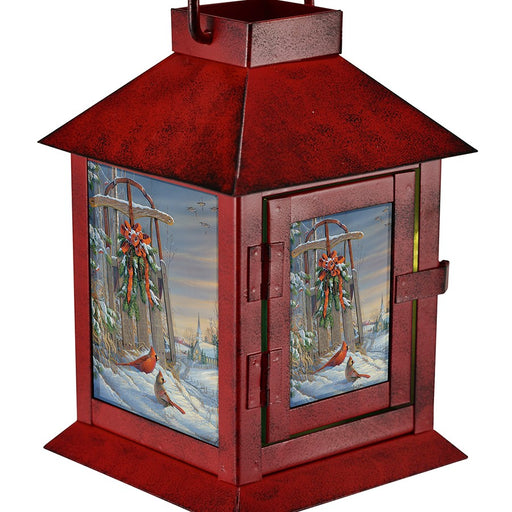 Metal LED Wintertime Sleigh Cardinals Lantern 6 IN 