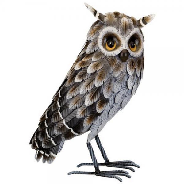 Standing Horned Owl Statue Grey Hand Painted 14 IN