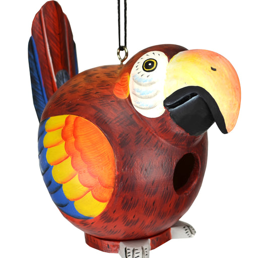 Hand carved Albesia Wood Red Parrot Gord O Hanging Birdhouse 10 IN