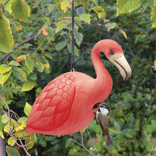 Hand Carved Flamingo Albesia Wood Hanging Birdhouse 12 IN
