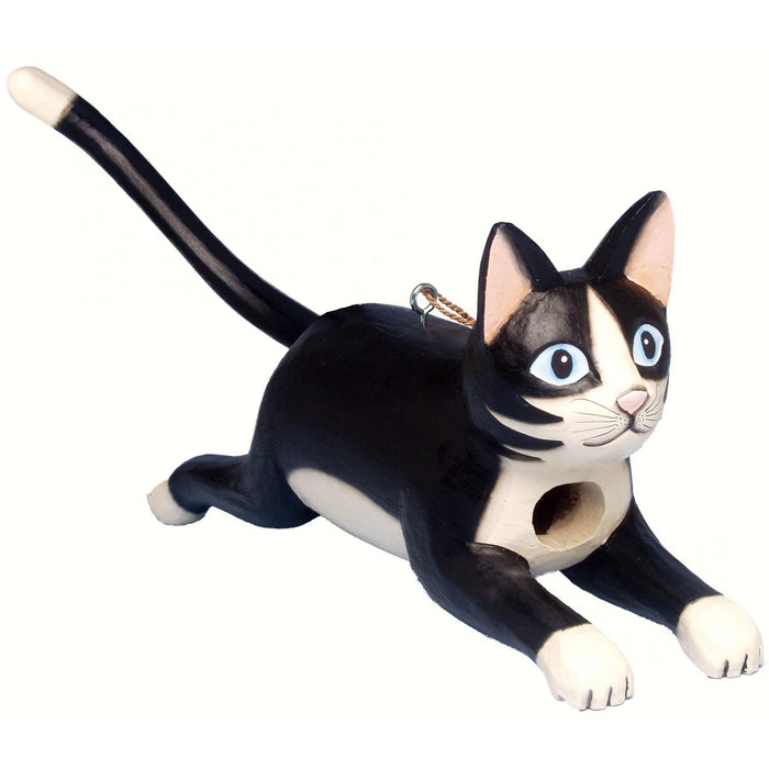 Hand Carved Leaping Black And White Cat Hanging Wood Birdhouse 19 IN