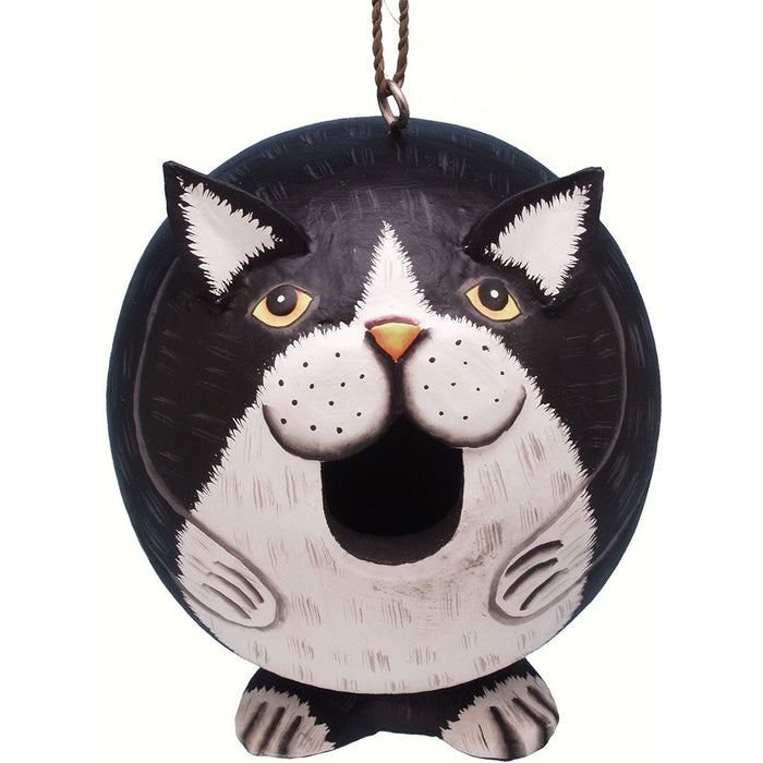 Hand Carved Black and White Cat Gord O Hanging Wood Birdhouse Hand Carved