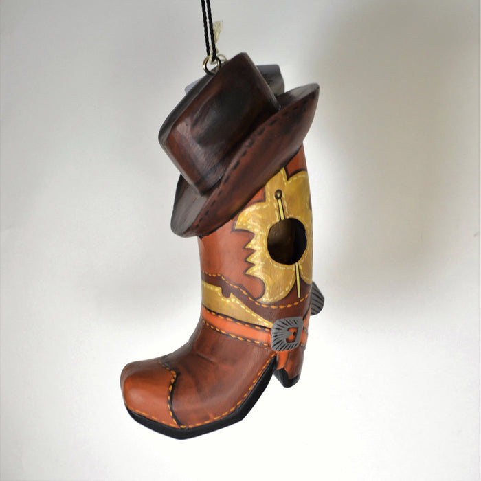 Hand Carved Cowboy Boot With Hat Wood Birdhouse 10 IN
