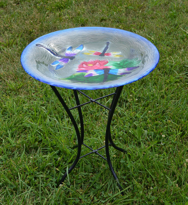 Dragonfly Trio Glass Birdbath with Stand 18 IN