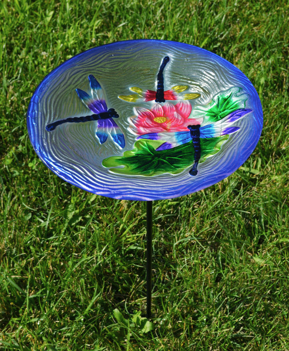 Dragonfly Trio Staked Glass Birdbath 13 IN