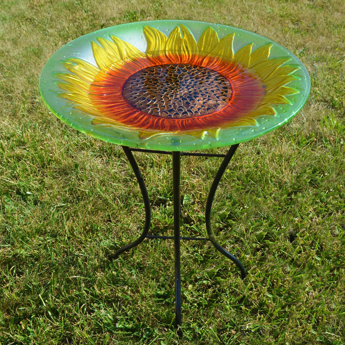 Sunflower Glass Birdbath With Stand 18 IN x 18 IN x 23 IN