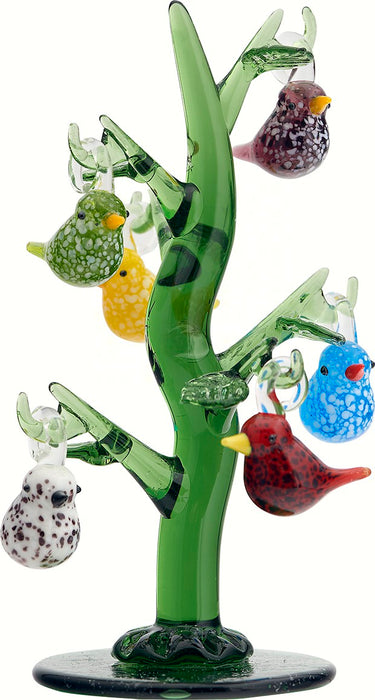 Green Glass Christmas Tree with Bird Ornaments 6 IN