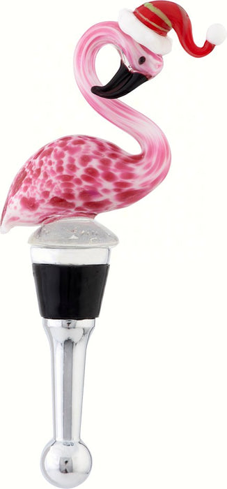 Flamingo in Santa Hat Holiday Glass Bottle Stopper Hand Crafted